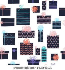 Cartoon presents illustration, festive birthday seamless pattern. Design for fabric, wrapping, textile, wallpaper, apparel. Vector illustration.