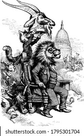 Cartoon of President Grant with Tiger Head sitting on a chair and receiving scapegoat crown from the fox standing on donkey, vintage line drawing or engraving illustration.