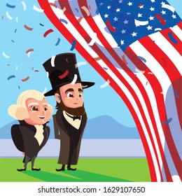 cartoon of presidents george washington and abraham lincoln, president day vector illustration design