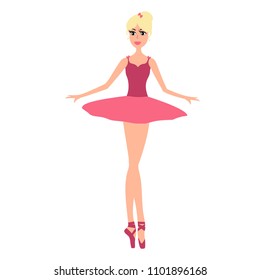 Cartoon pretty ballerina in pink dress.  Ballerina vector illustration isolated on white background. Ballerina girl dancing ballet.