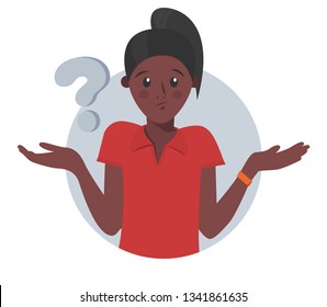 Cartoon pretty black girl doubts, thinks why. Woman with question mark. Vector illustration