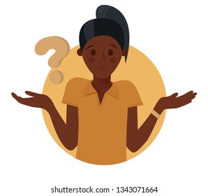 Cartoon pretty black girl doubts, thinks why. Woman with question mark. Vector illustration.