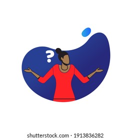 Cartoon pretty black girl doubts, thinks why. Woman with question mark. Vector illustration