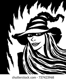 Cartoon pretty black witch. Vector illustration. White background.