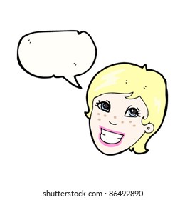 cartoon pretty blond advert woman with speech bubble