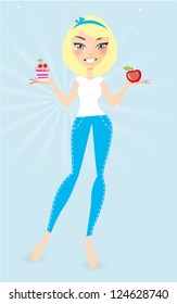 cartoon pretty blonde woman choosing food healthy or sweet