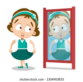 Cartoon pretty brunette girl looking in reflection in mirror. Smiling cute child dressed in nice green dress vector illustration. Childhood concept. Isolated on white