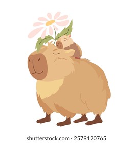 Cartoon pretty capybara with baby. Happy exotic animals character, cute biggest rodents, mother and child with love emotions. Flat vector design elements for card, packaging, fabrics, flyers