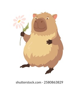 Cartoon pretty capybara with flowers. Design element of funny happy exotic animal, cute biggest rodent. Flat vector children's design illustration for print, greeting card, packaging, fabrics