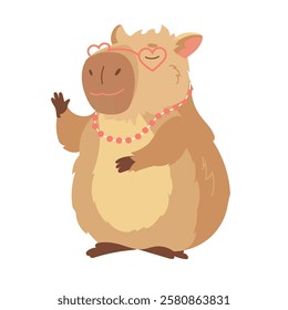 Cartoon pretty capybara in pink heart-shaped glasses. Design element of funny animal, cute biggest rodent. Flat vector children's design illustration for print, greeting card, packaging, fabrics