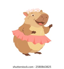 Cartoon pretty capybara in skirt and wreath on her head. Design element of funny animal, cute biggest rodent. Flat vector children's design illustration for print, greeting card, packaging, fabrics