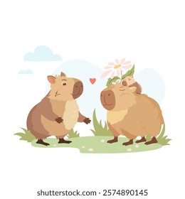 Cartoon pretty capybaras family with baby. Happy exotic animals, cute biggest rodents couple with love emotions Valentines love day. Flat vector design elements for card, packaging, fabrics, flyers