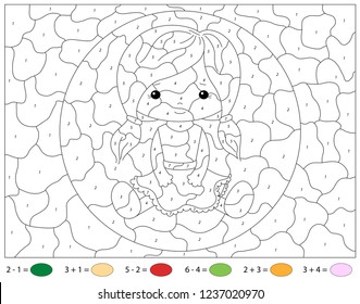 Cartoon pretty doll. Addition and subtraction tasks. Color by number educational game for kids