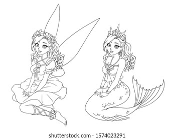 Cartoon pretty fairy   mermaid and curly hair  Sitting pose  Hand draw vector illustration for coloring book  children game  greeting card  sticker  shirt design 