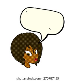 cartoon pretty female face pouting with speech bubble