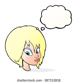 cartoon pretty female face pouting with thought bubble