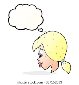 cartoon pretty female face with thought bubble