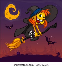 Cartoon pretty funny witch flying on her broom. Halloween vector illustration isolated on night background with cemetery and full moon. Children book illustration