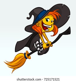 Cartoon pretty funny witch flying on her broom. Halloween vector illustration isolated on white