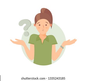 Cartoon pretty girl doubts, thinks why. Woman with question mark. Vector illustration.