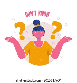 Cartoon pretty girl doubts, thinks why. Woman with a question mark. Vector flat design illustration