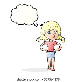 cartoon pretty girl with hands on hips with thought bubble