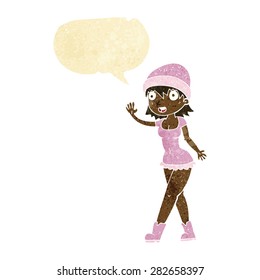 cartoon pretty girl in hat waving with speech bubble