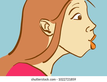 Cartoon Pretty Girl Making Face. Color Vector Sketch Isolated At Blue.