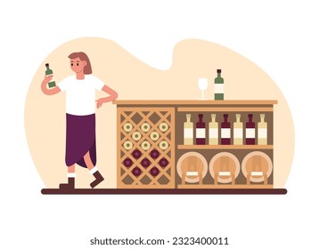 Cartoon pretty girl picks out bottled wine in front of bar. Young people manufacturing, buying and serving wine. Time for tasting wine from organic grapes. Vector