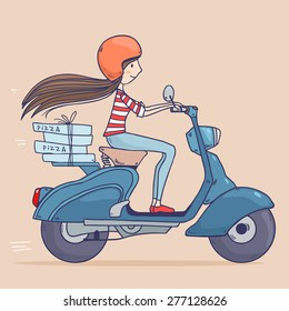 Cartoon pretty girl riding on a scooter in helmet ,pizza delivery. Vector illustration