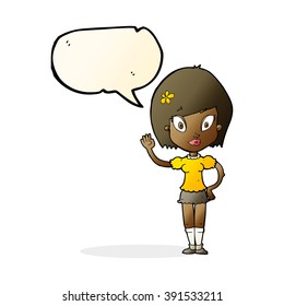 cartoon pretty girl waving with speech bubble