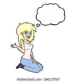 cartoon pretty girl waving with thought bubble