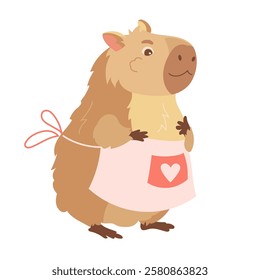 Cartoon pretty mother capybara in an apron. Design element of funny animal, cute biggest rodent. Flat vector children's design illustration for print, greeting card, packaging, fabrics