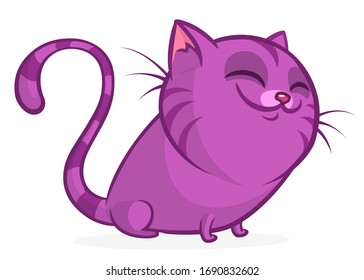 Caricatura de un gato gordo púrpura. Ilustración de gato a rayas grasas aislada