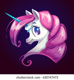 Cartoon pretty unicorn face on black background.Beautiful vector pony portrait.