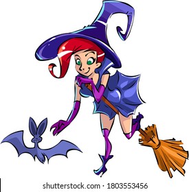 Cartoon pretty witch on a broom reaches out to the bat