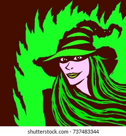 Cartoon pretty witch. Vector illustration. Funny magical character. Green background.
