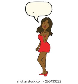 cartoon pretty woman in cocktail dress with speech bubble