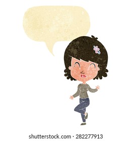 cartoon pretty woman dancing with speech bubble