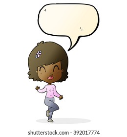 cartoon pretty woman dancing with speech bubble