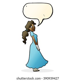 cartoon pretty woman in dress with speech bubble