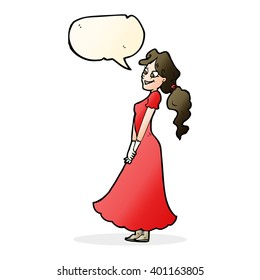 cartoon pretty woman in dress with speech bubble