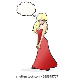 cartoon pretty woman in dress with thought bubble