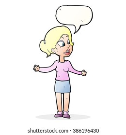 Cartoon hübsche Frau, die etwas mit Sprechblase erklärt