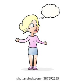 caricatura de una mujer guapa explicando algo con burbuja de pensamiento