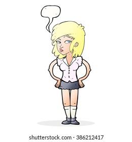 cartoon pretty woman with hands on hips with speech bubble