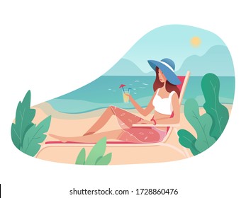 Cartoon Pretty Woman In Hat And Swimsuit Drinking Cocktail Rest On Deck Chair. Vacation On Sea Or Ocean Resort. Female Tourist Sunbathing. Summer Holidays At Seaside. Vector Flat Cutout Illustration