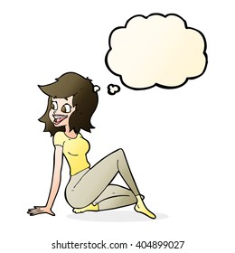 cartoon pretty woman looking happy with thought bubble