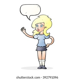 cartoon pretty woman waving for attention with speech bubble
