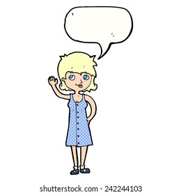 cartoon pretty woman waving with speech bubble